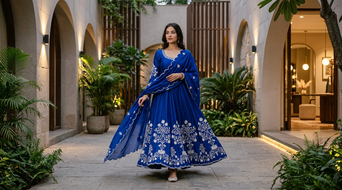 Zaymera Royal Sapphire Tree-Motif Anarkali Suit